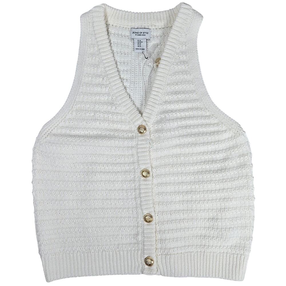 SONG OF STYLE by Aimee Song Cream Knit Button Up V Neck Vest Sweater M